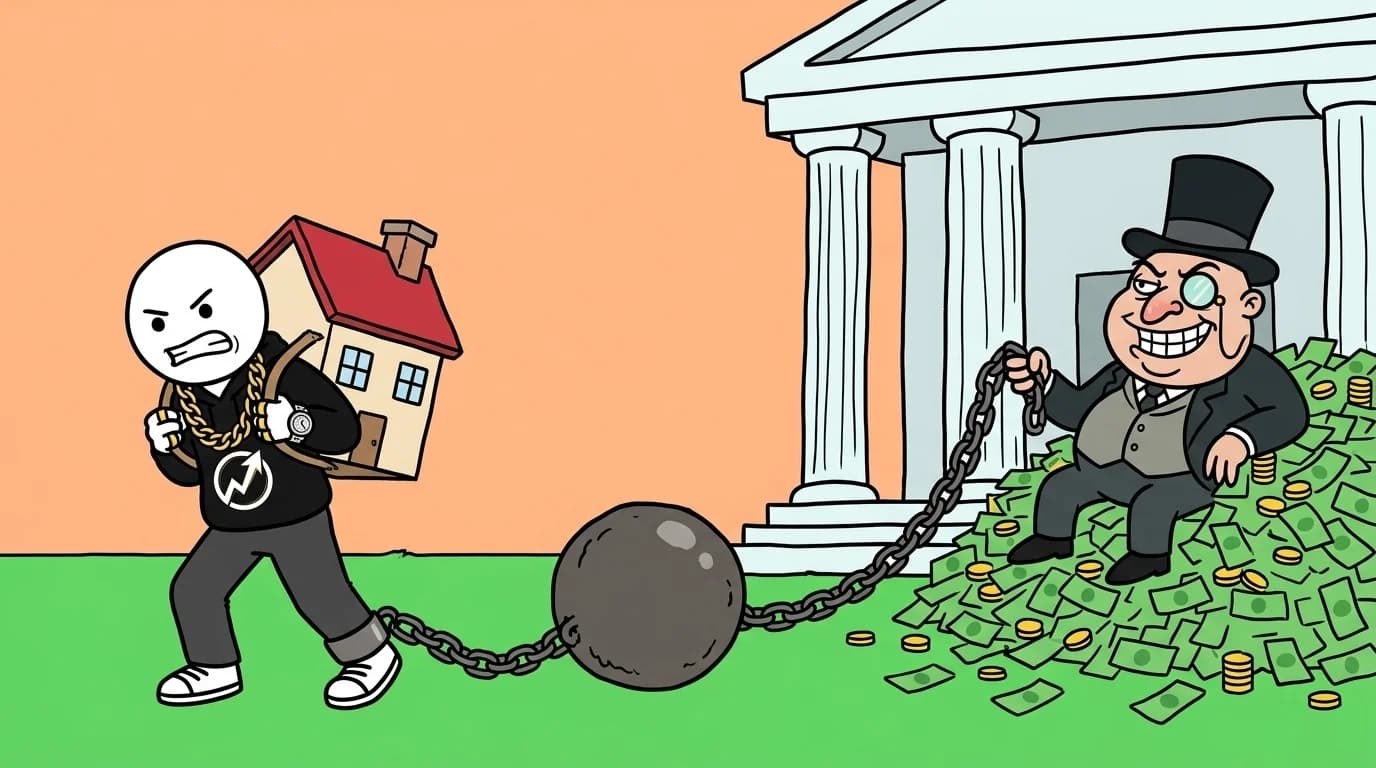 The WealthProgression character carries a house on his back, chained by a ball and chain to a grinning banker sitting on a pile of money.