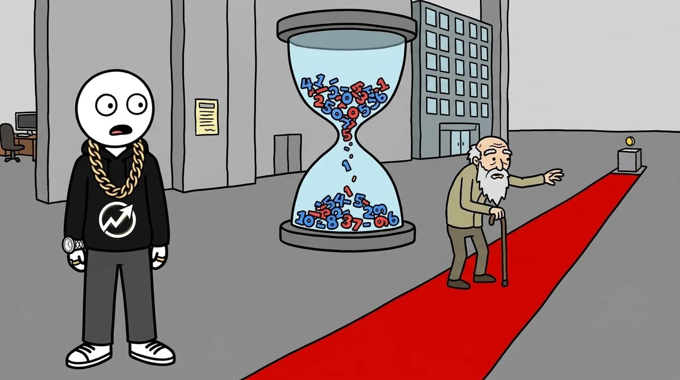 The WealthProgression character stares at a giant hourglass while an old man slowly walks a long red carpet toward a single gold coin.