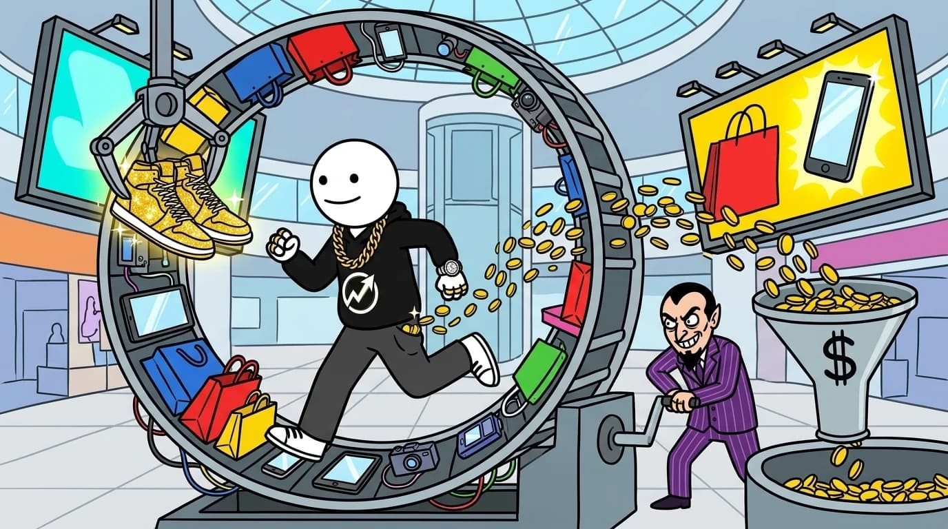 The WealthProgression character runs on a giant hamster wheel made of shopping bags while a businessman cranks it faster and collects the coins.