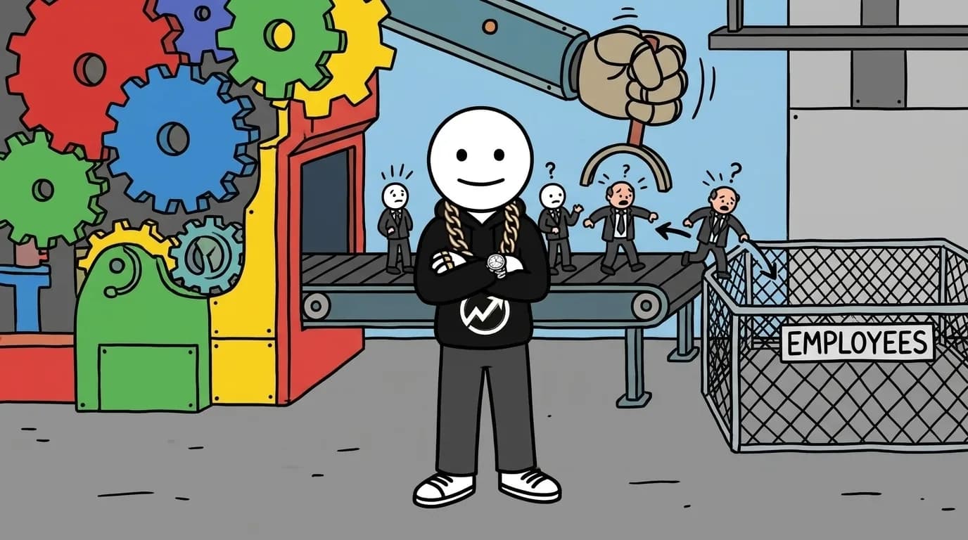 The WealthProgression character calmly watches an oversized industrial machine with giant gears and a mechanical crane claw that lifts cartoon workers off an assembly line into a holding pen to control factory speed.