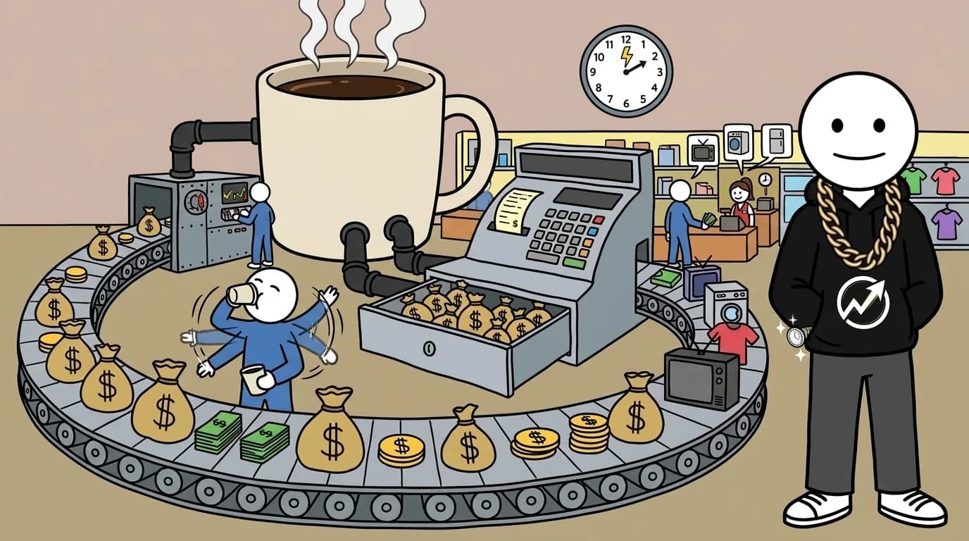 The WealthProgression character stands in a factory office beside an oversized mug of coffee feeding industrial pipes directly into a corporate cash register.