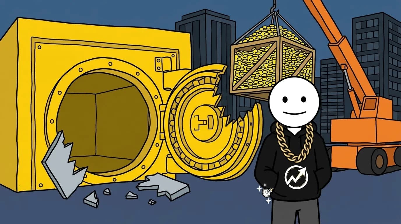 The WealthProgression character calmly stands in front of a giant empty corporate vault as a massive crane hoists a crate of gold away toward corporate skyscrapers.