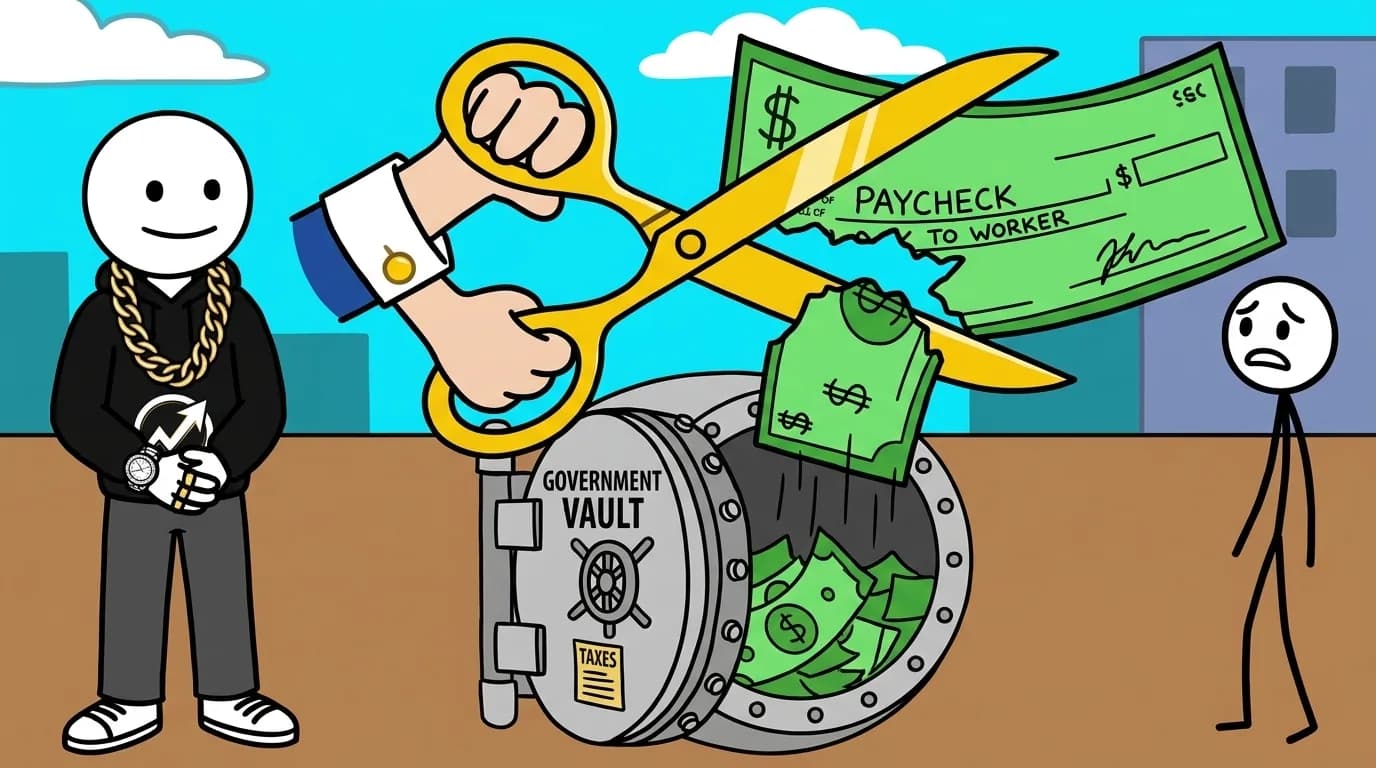 The WealthProgression character calmly watches an oversized pair of golden scissors cut a massive chunk out of a worker's paycheck directly into a government vault.