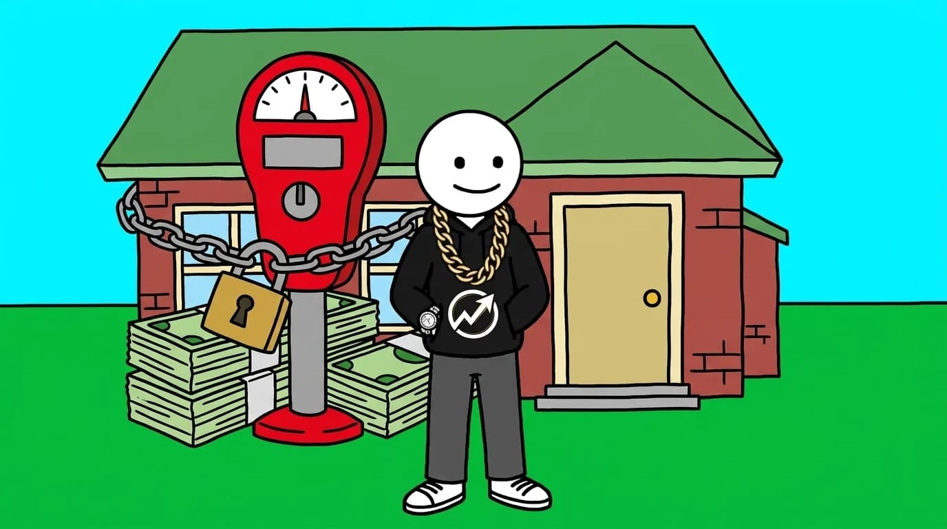 The WealthProgression character calmly stands on a lawn observing a house padlocked and chained with an oversized red parking meter demanding continuous cash.