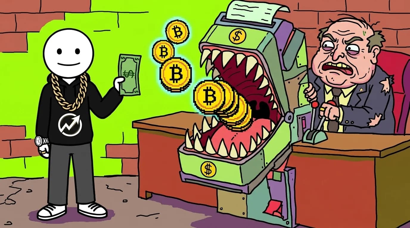The WealthProgression character holds a physical fifty dollar bill while a hungry card terminal machine consumes transaction fees from every purchase.