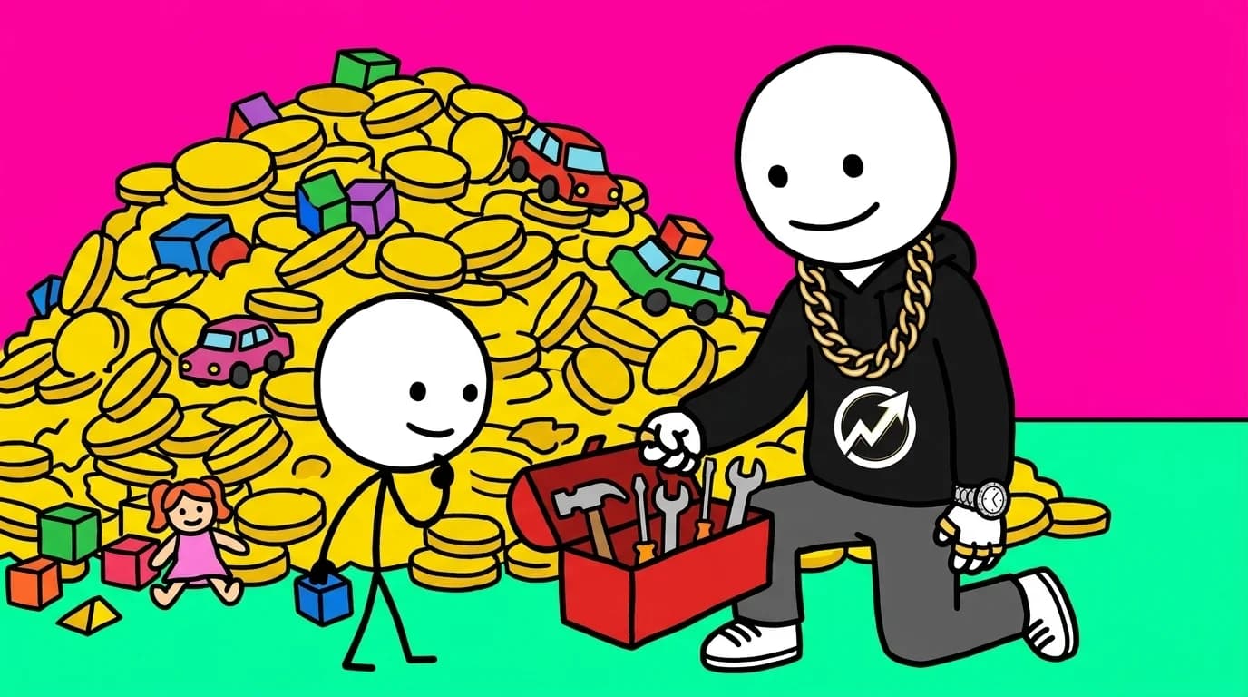 The WealthProgression character calmly offers a toolkit to a young cartoon learner instead of piling up unearned gold coins.