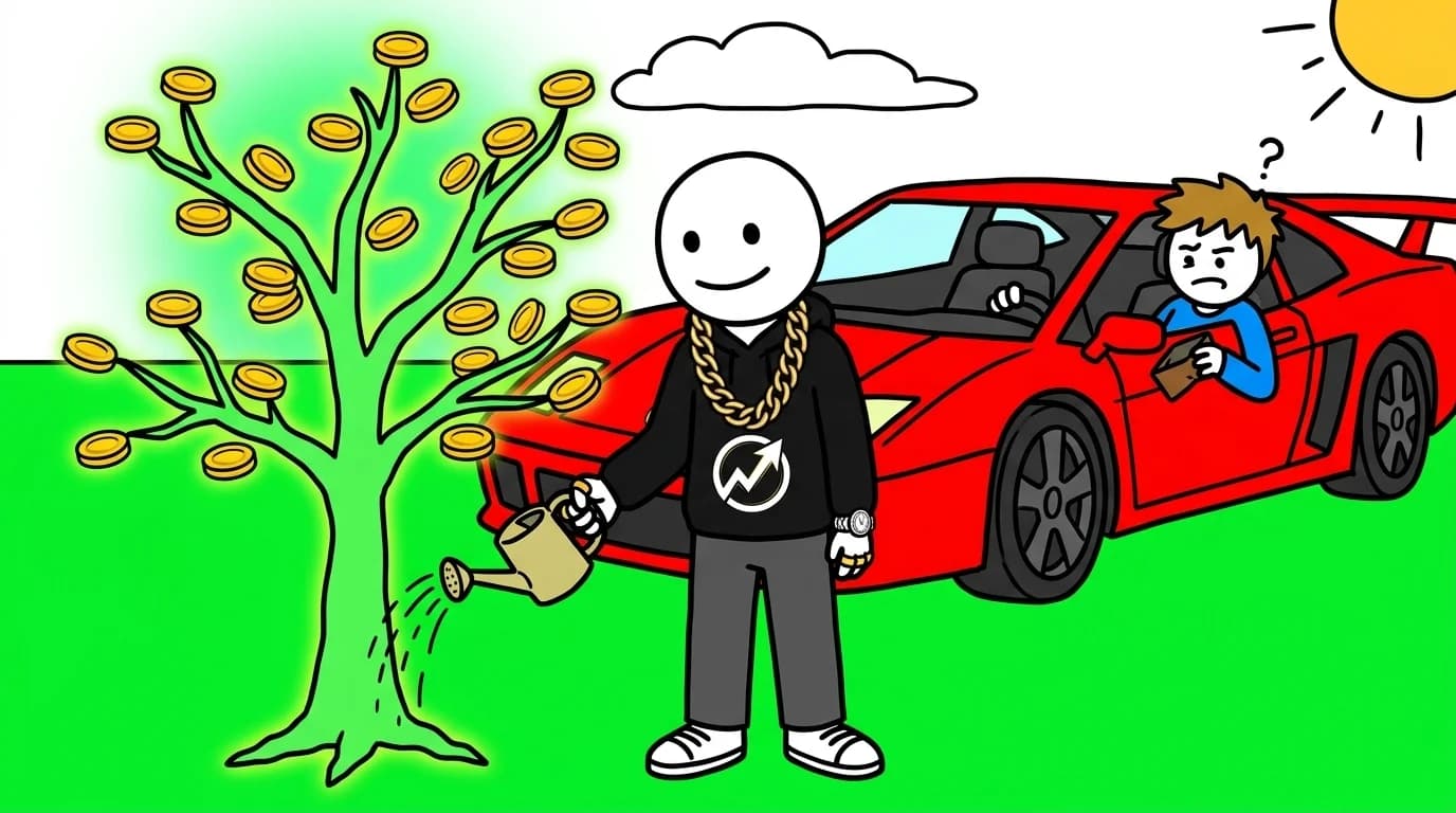 The WealthProgression character waters a golden coin tree while a young driver sits in a red sports car holding an empty wallet.