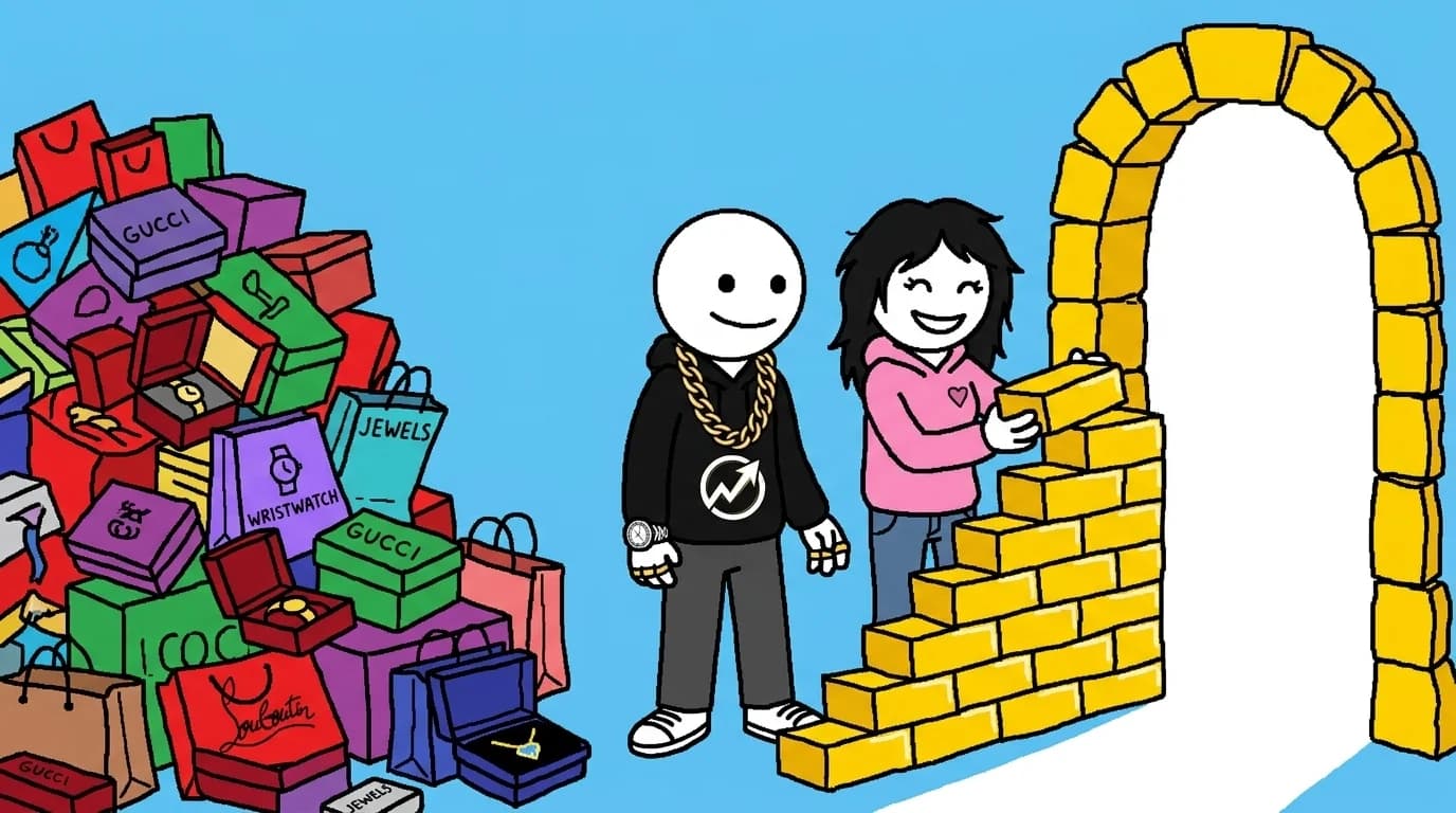 The WealthProgression character and a partner build a golden archway together while turning away from a mountain of luxury shopping boxes.
