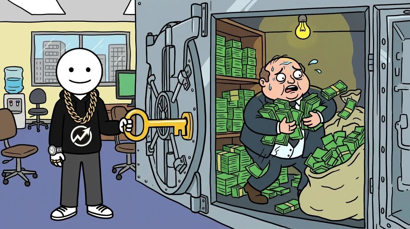 The WealthProgression character holds a golden key unlocking a corporate vault while a nervous boss tries to hoard stacks of cash.