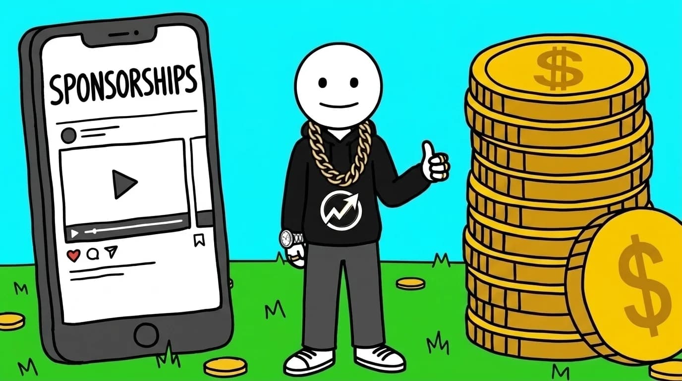 Wealth Progression character standing between a phone showing a social reel labeled SPONSORSHIPS and a giant stack of gold coins, giving a thumbs up