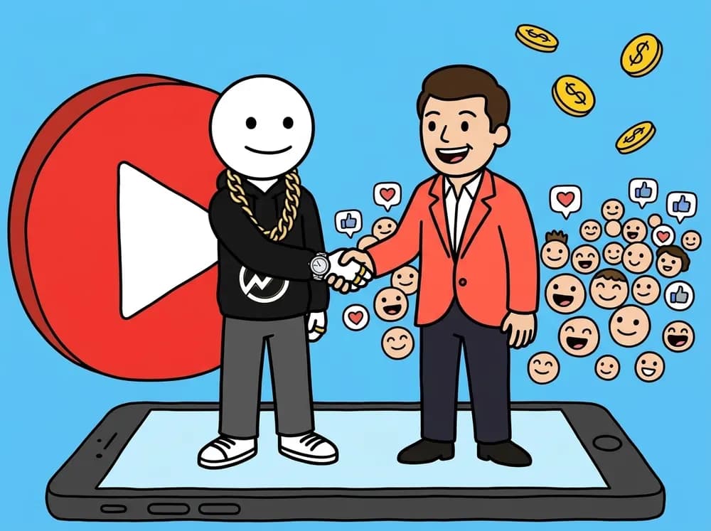 The Wealth Progression character shaking hands with a business owner on top of a giant smartphone while a crowd of happy viewers with hearts and likes floats out of the screen