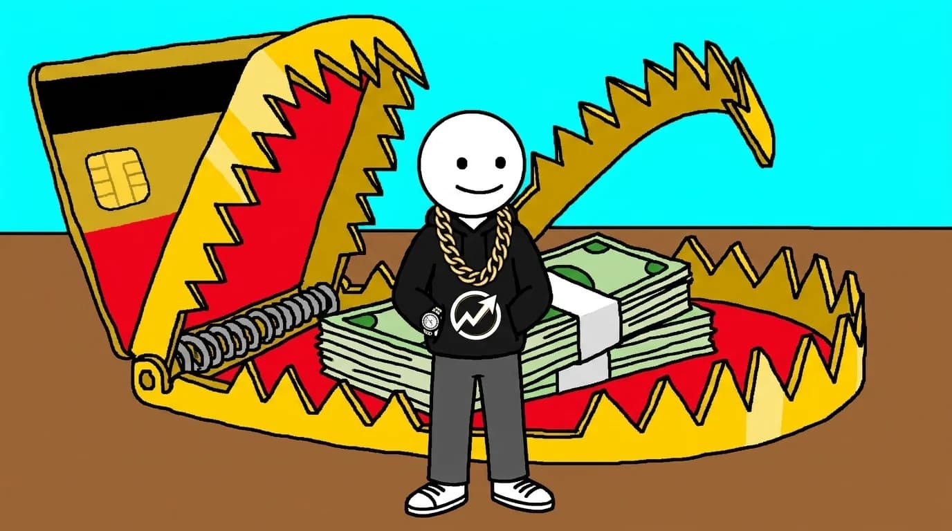 The WealthProgression character stands calmly with hands in pockets observing an oversized credit card engineered like a giant golden bear trap baited with cash.
