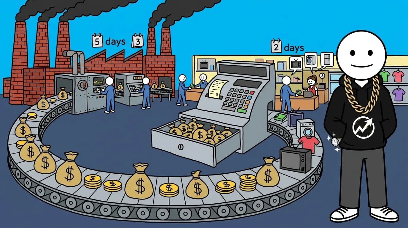 The WealthProgression character calmly stands in front of an assembly line conveyor belt looping factory goods directly into an oversized cash register.