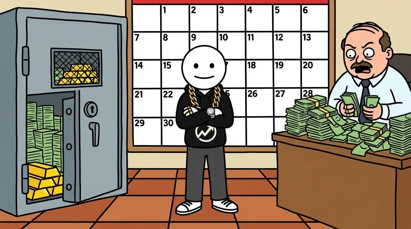The WealthProgression character calmly stands beside an oversized 30-day calendar and an enormous open corporate vault holding locked stacks of employee wages.