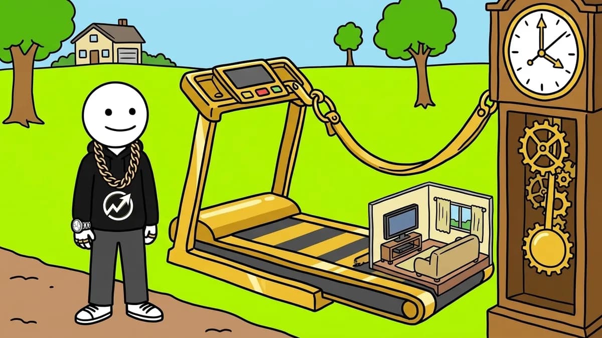The WealthProgression character stands in front of a giant golden treadmill holding a suburban living room, leashed to a massive ticking clock.