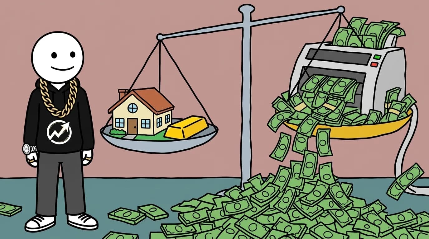 The WealthProgression character calmly stands beside an oversized balance scale weighing a suburban house and gold bar against an avalanche of printed cash.