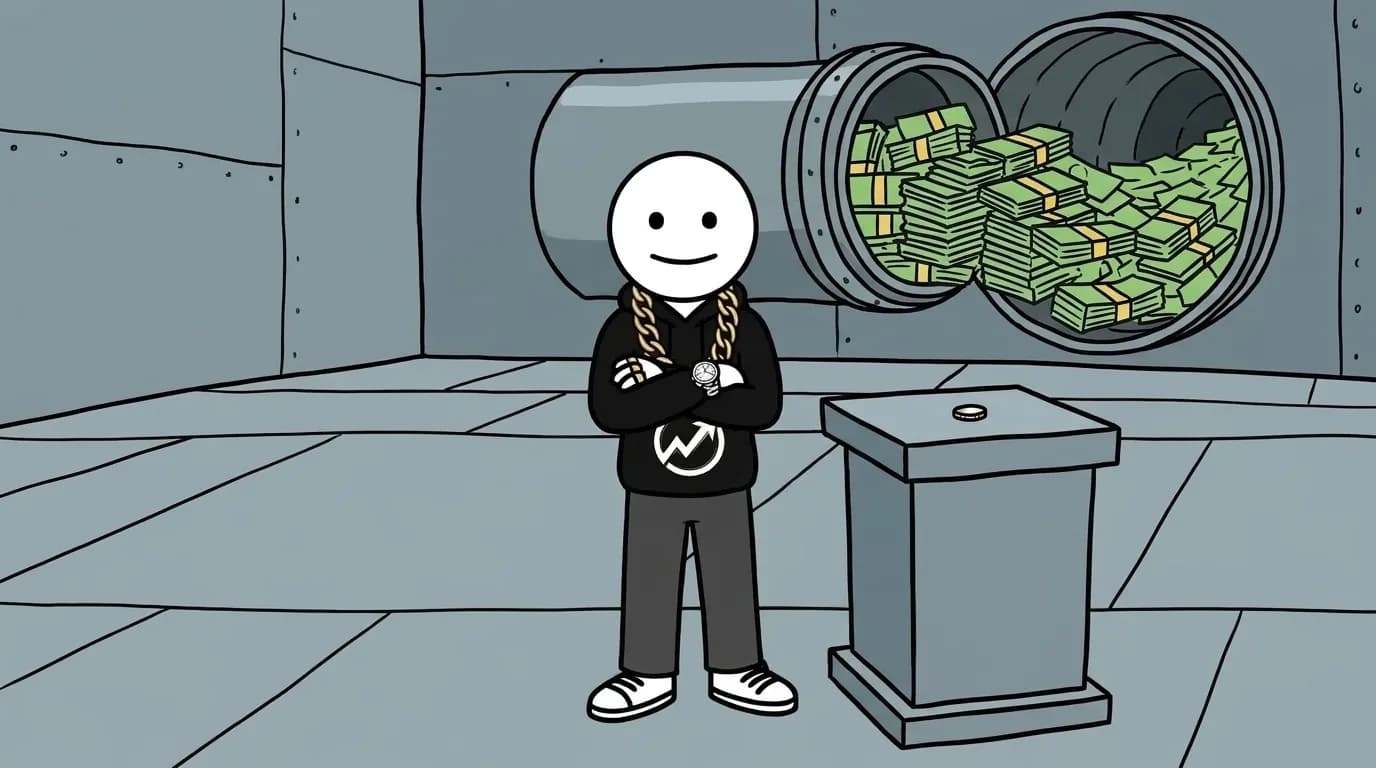 The WealthProgression character stands calmly with arms folded inside a vast, hollow steel bank vault containing only a single coin, while an oversized pipe whisks stacks of green cash away into the distance.