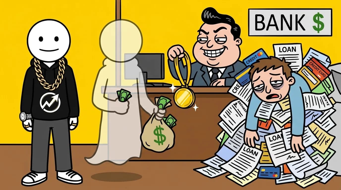 The WealthProgression character watches a banker award a gold medal to an exhausted borrower while ignoring a debt-free person holding cash.